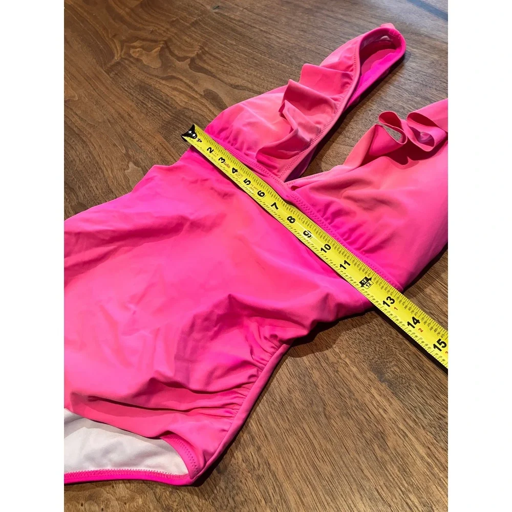 Annbon Womens XL One Piece Swimsuit Hot Pink‎ Ruffle V-Neck  Ruched Lace Up Back